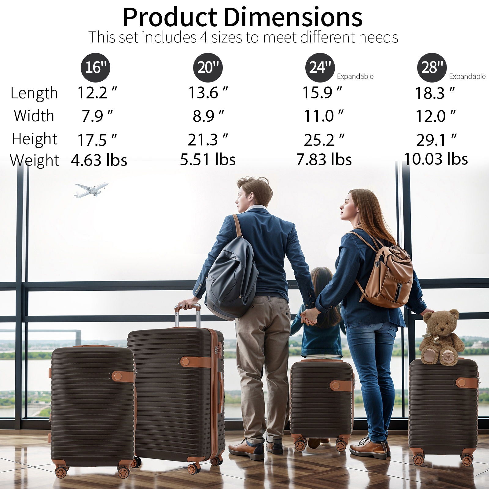 4-Piece ABS Hardshell Luggage Set with Packing Cubes – Coffee