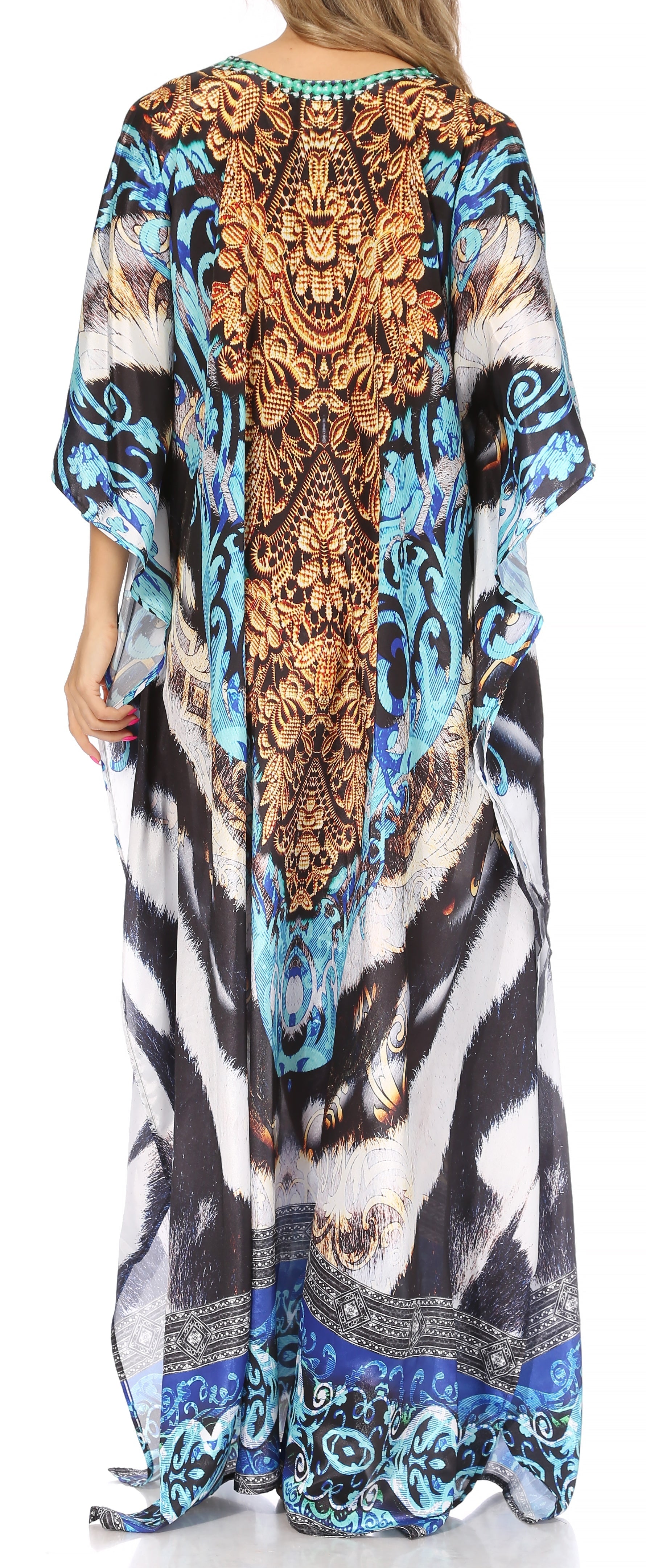 Sakkas Georgettina Flowy Rhinestone V Neck Long Caftan Dress/Cover Up