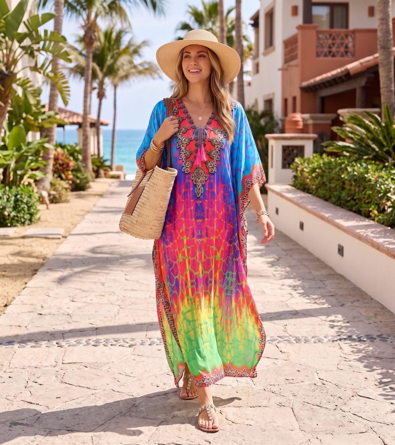Sakkas Georgettina Flowy Rhinestone V Neck Long Caftan Dress/Cover Up