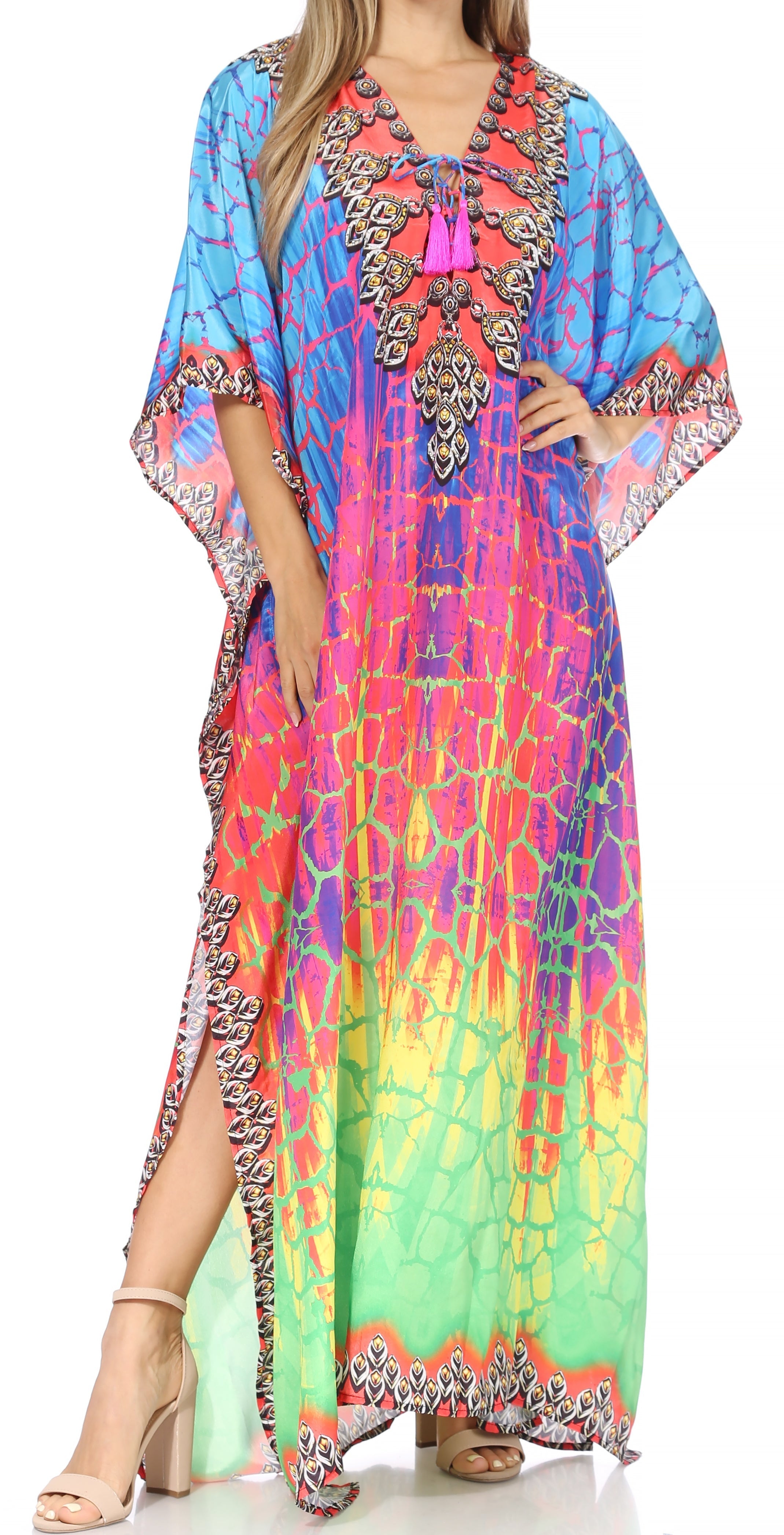 Sakkas Georgettina Flowy Rhinestone V Neck Long Caftan Dress/Cover Up