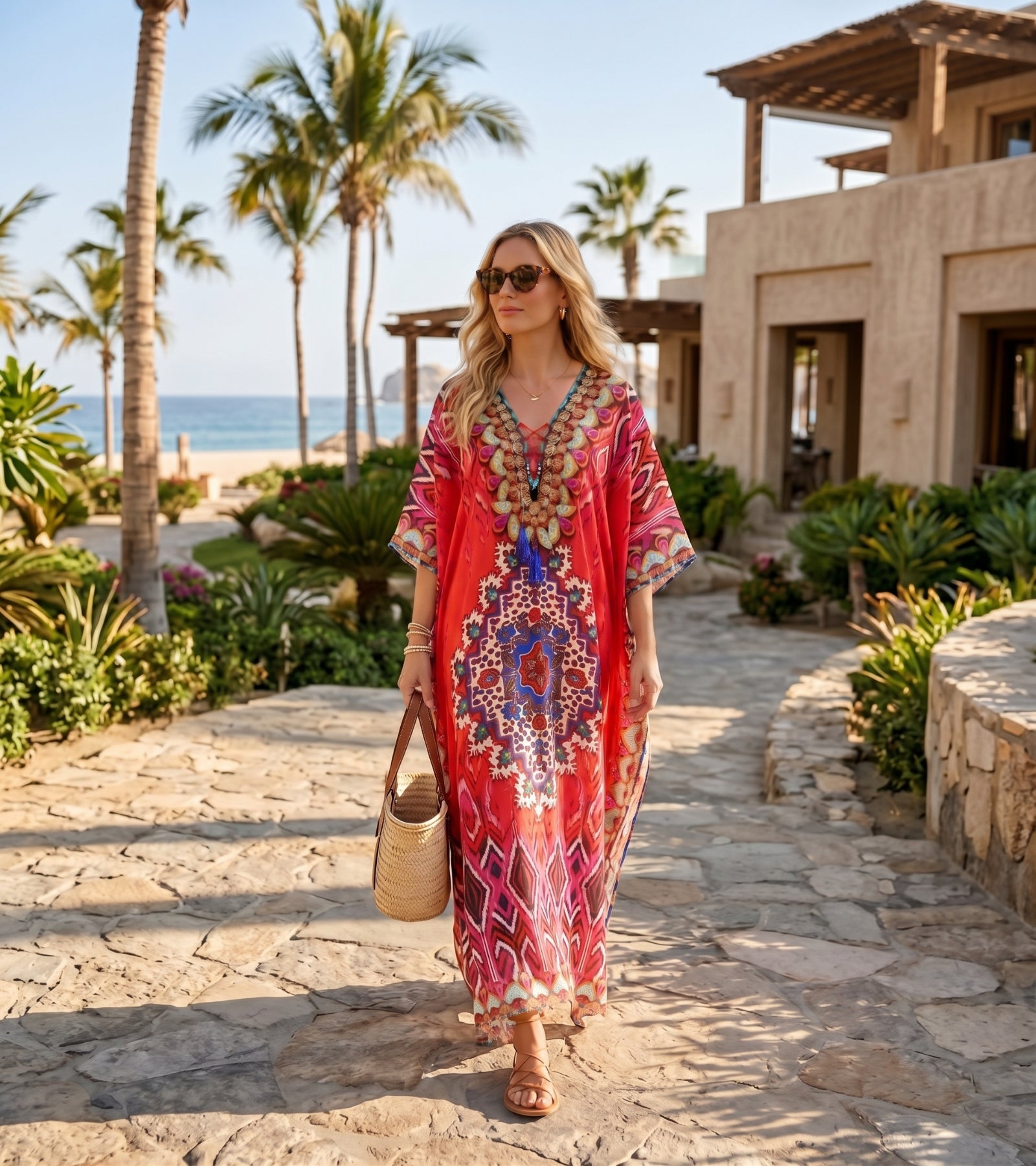 Sakkas Georgettina Flowy Rhinestone V Neck Long Caftan Dress/Cover Up