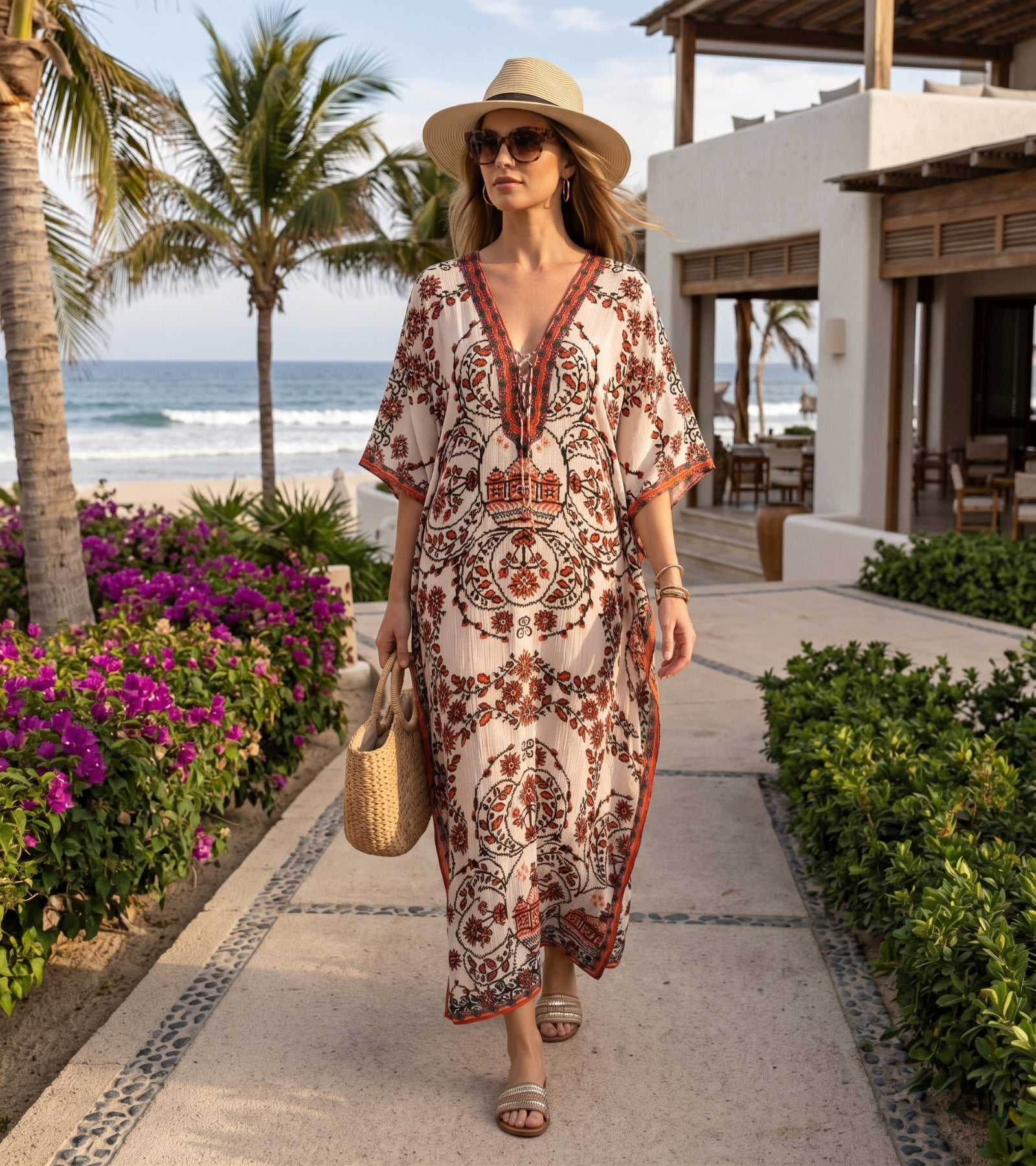 Sakkas Georgettina Flowy Rhinestone V Neck Long Caftan Dress/Cover Up