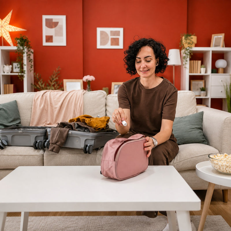A woman sits on a beige sofa in a living room, packing a pink toiletry bag into a gray suitcase. The room has a terracotta red wall, white shelves, and a white coffee table in the foreground.