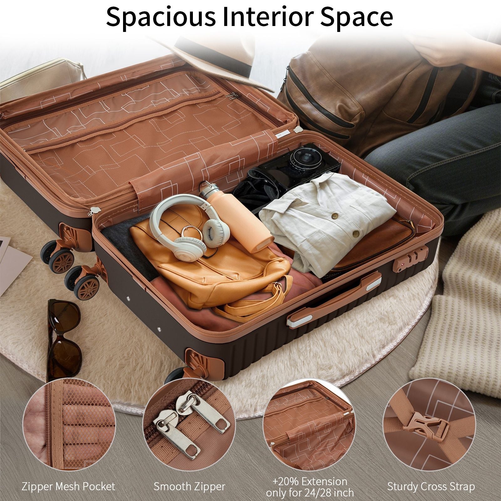 4-Piece ABS Hardshell Luggage Set with Packing Cubes – Coffee