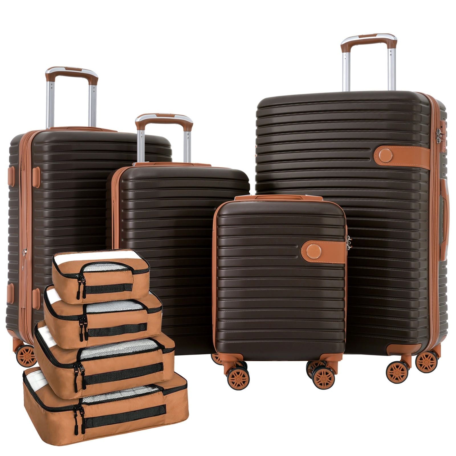 4-Piece ABS Hardshell Luggage Set with Packing Cubes – Coffee