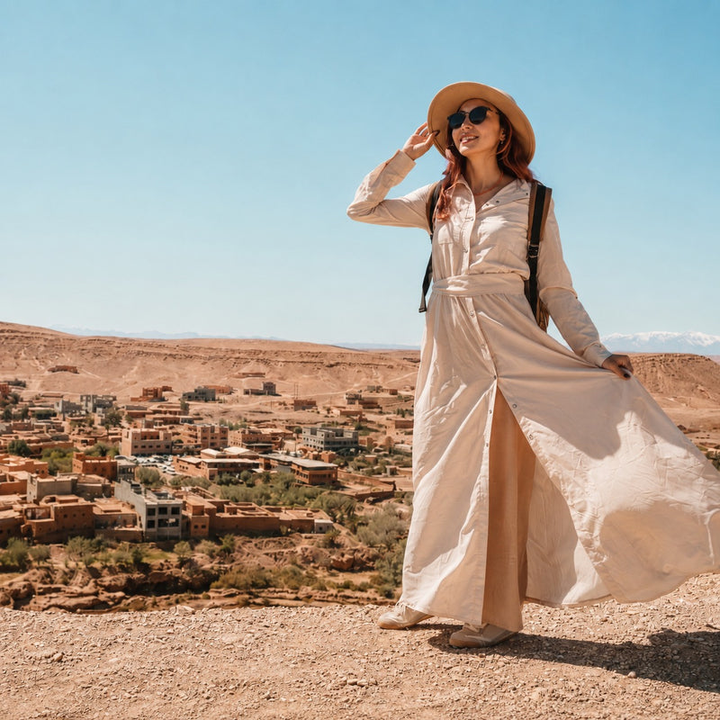 A woman wearing a long cream linen dress, wide-brimmed straw hat, and sunglasses stands on a rocky desert hill overlooking a village under a clear blue sky.
